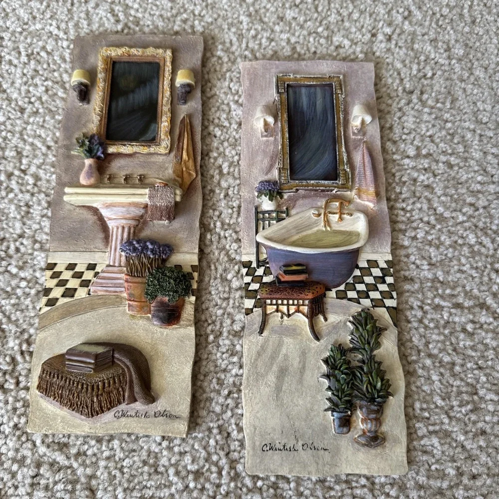 Vintage C. Winterle Olson 3D Bathroom Wall Art Plaque Set 1990s Relief Decor